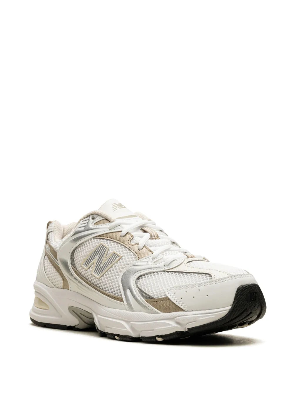 New Balance 530 lace-up running shoes, side view, white-beige mesh and suede panels