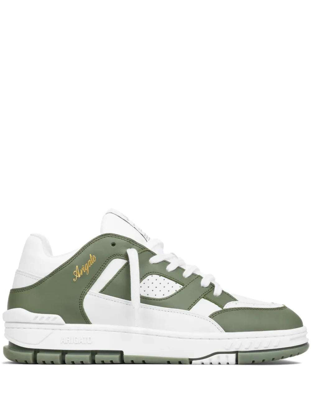 Axel Arigato Area sneakers in white and military green, side view with lace-up