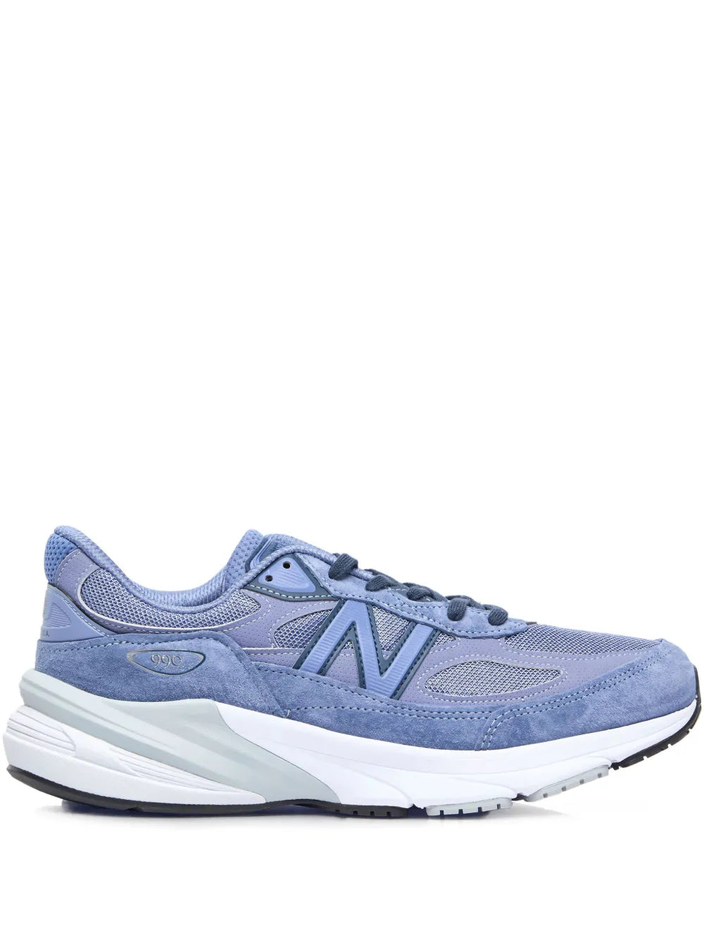 New Balance 990V6 sneakers in purple and navy, side view with lace-up