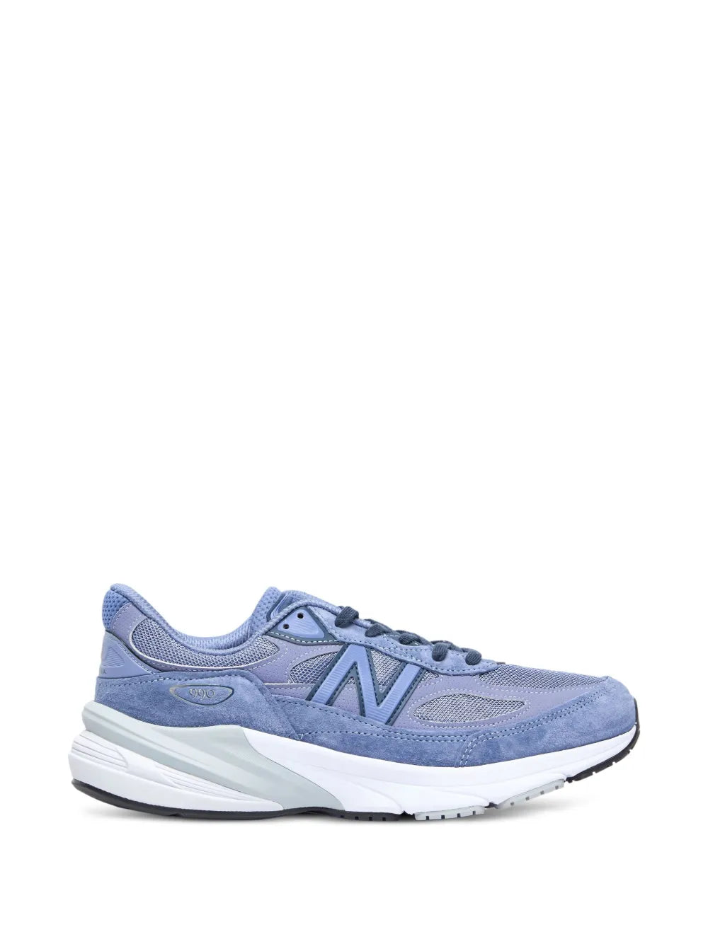 New Balance 990V6 sneakers in purple and navy, angled side/front view