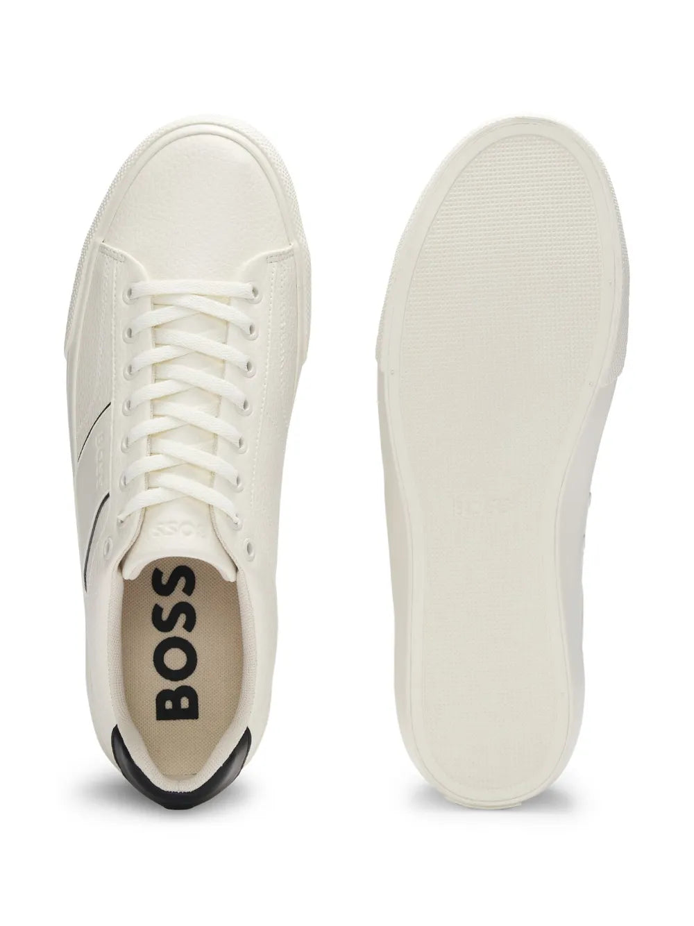 White leather sneakers, lace-up front with BOSS logo on insole, rubber outsole