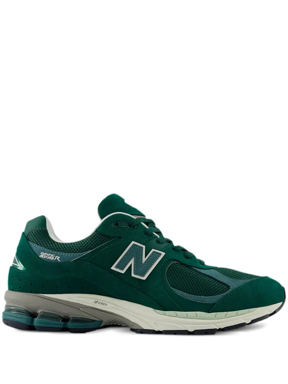 New Balance 2002R sneakers in dark green with white N logo and teal outsole