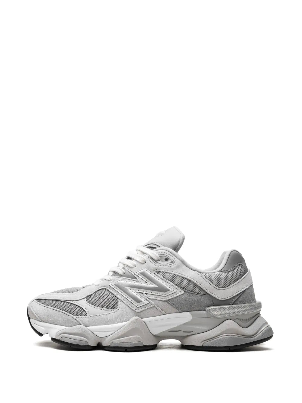 Grey New Balance 9060 sneakers, side view with N logo and padded collar