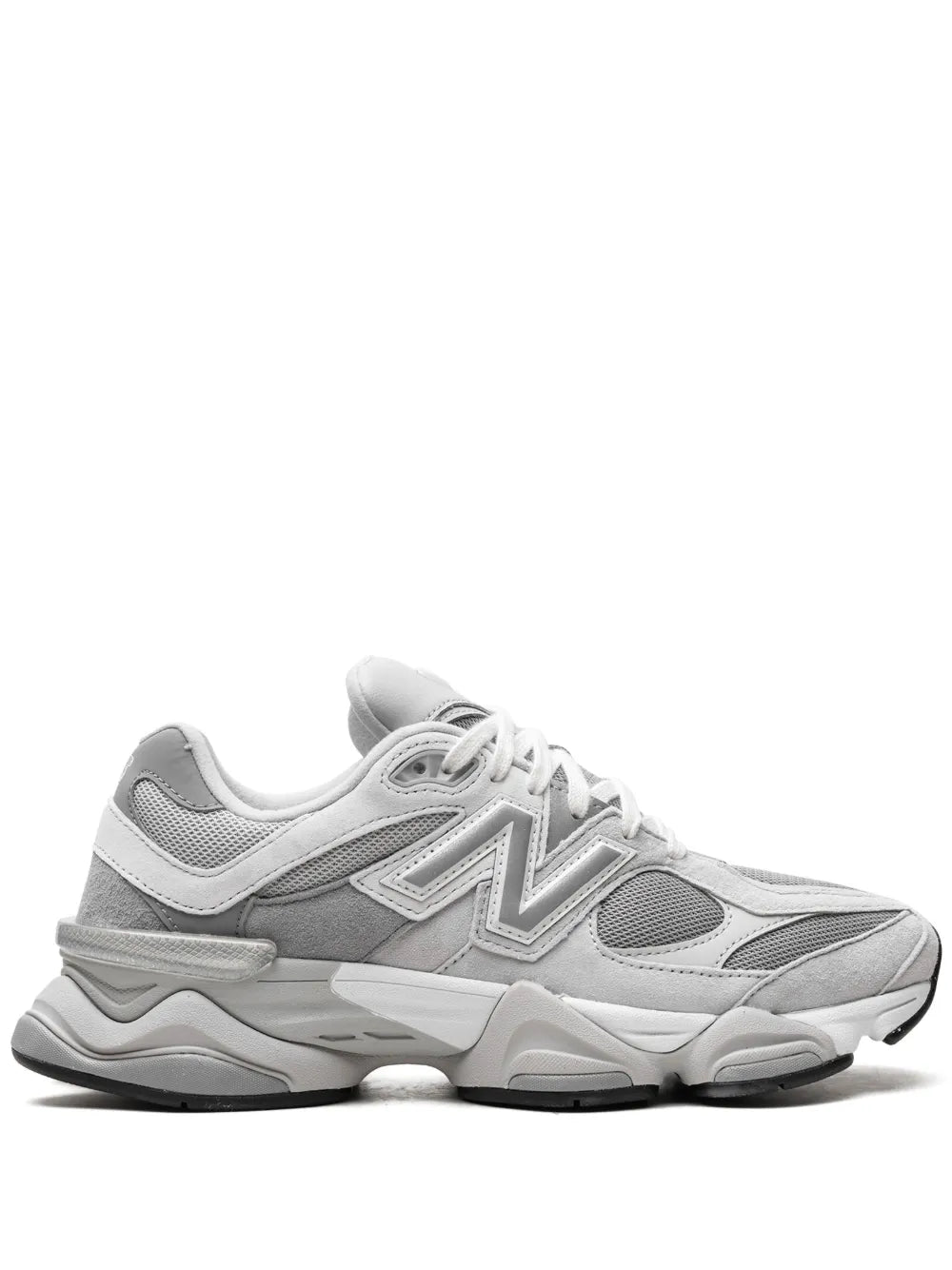 Grey New Balance 9060 sneakers, lace-up with chunky layered sole