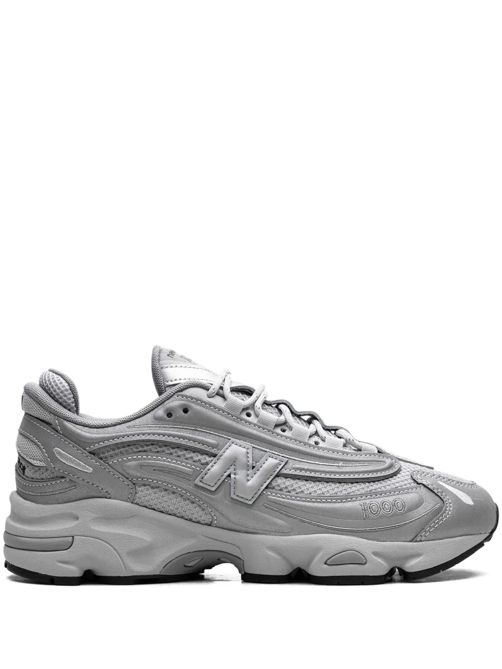 New Balance 1000 reflective sneakers, silver-tone lace-up with N logo and thick sole