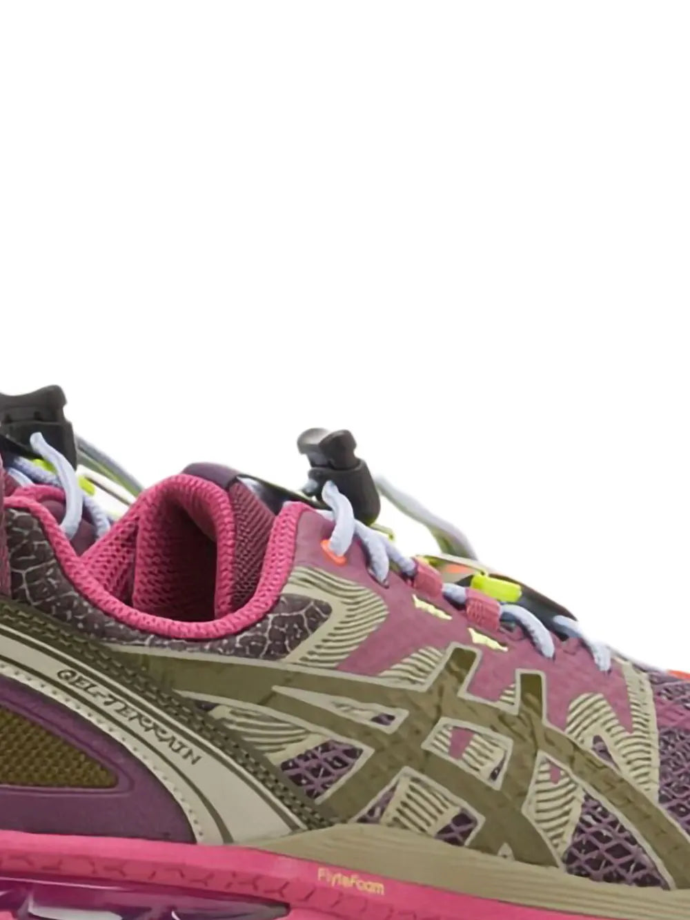 Lavender purple sneaker upper close-up with lace eyelets, logo detailing and padded collar