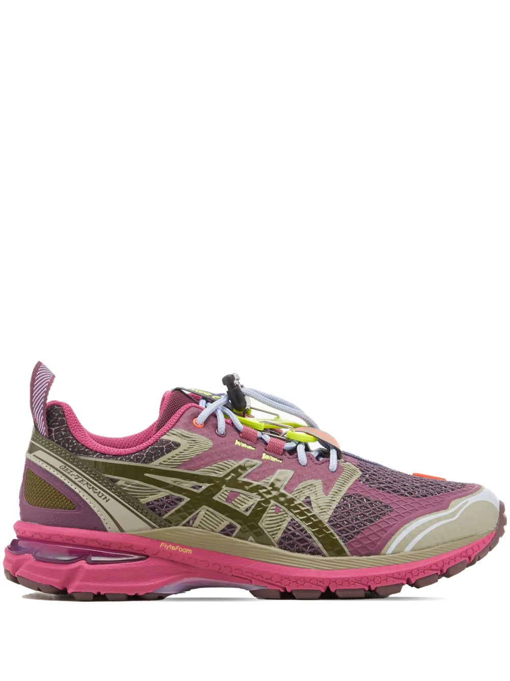 Lavender purple running sneakers with camouflage panels, lace-up front and rubber outsole