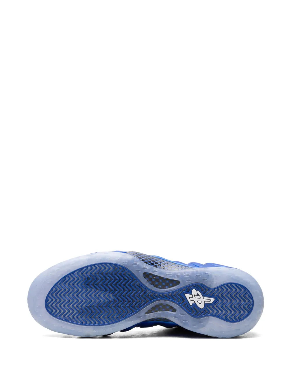 Blue rubber outsole with traction pattern on basketball sneakers, heel view