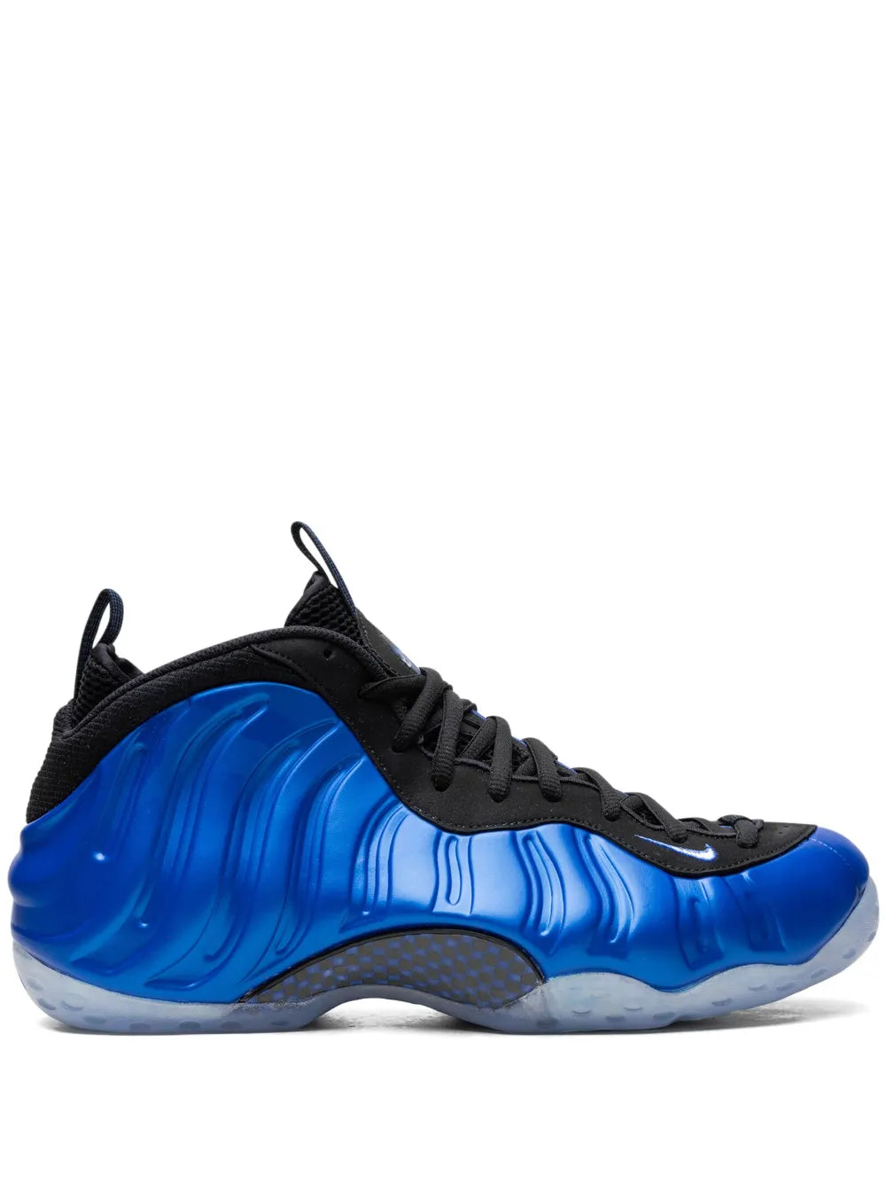 Black and royal blue Foamposite-style basketball sneakers with lace-up closure