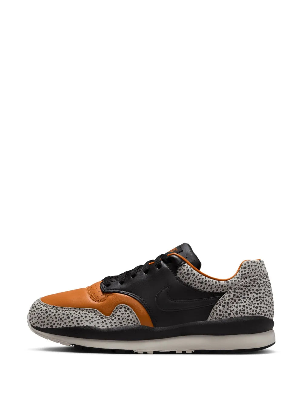 Nike Air Safari Electric sneakers with black uppers, beige speckled toe, orange lace accents