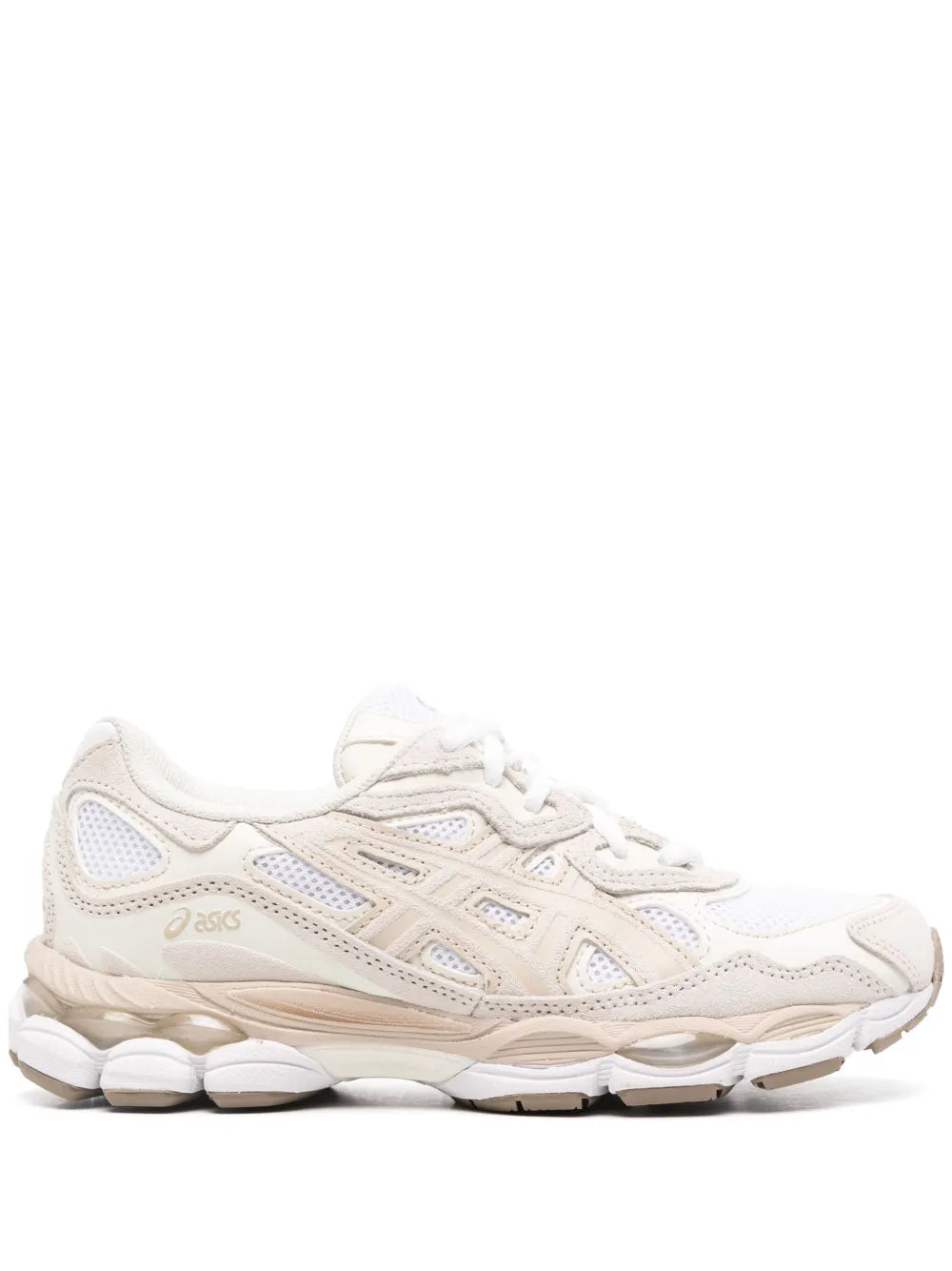 Beige ASICS lace-up running sneakers with cushioned midsole, side view