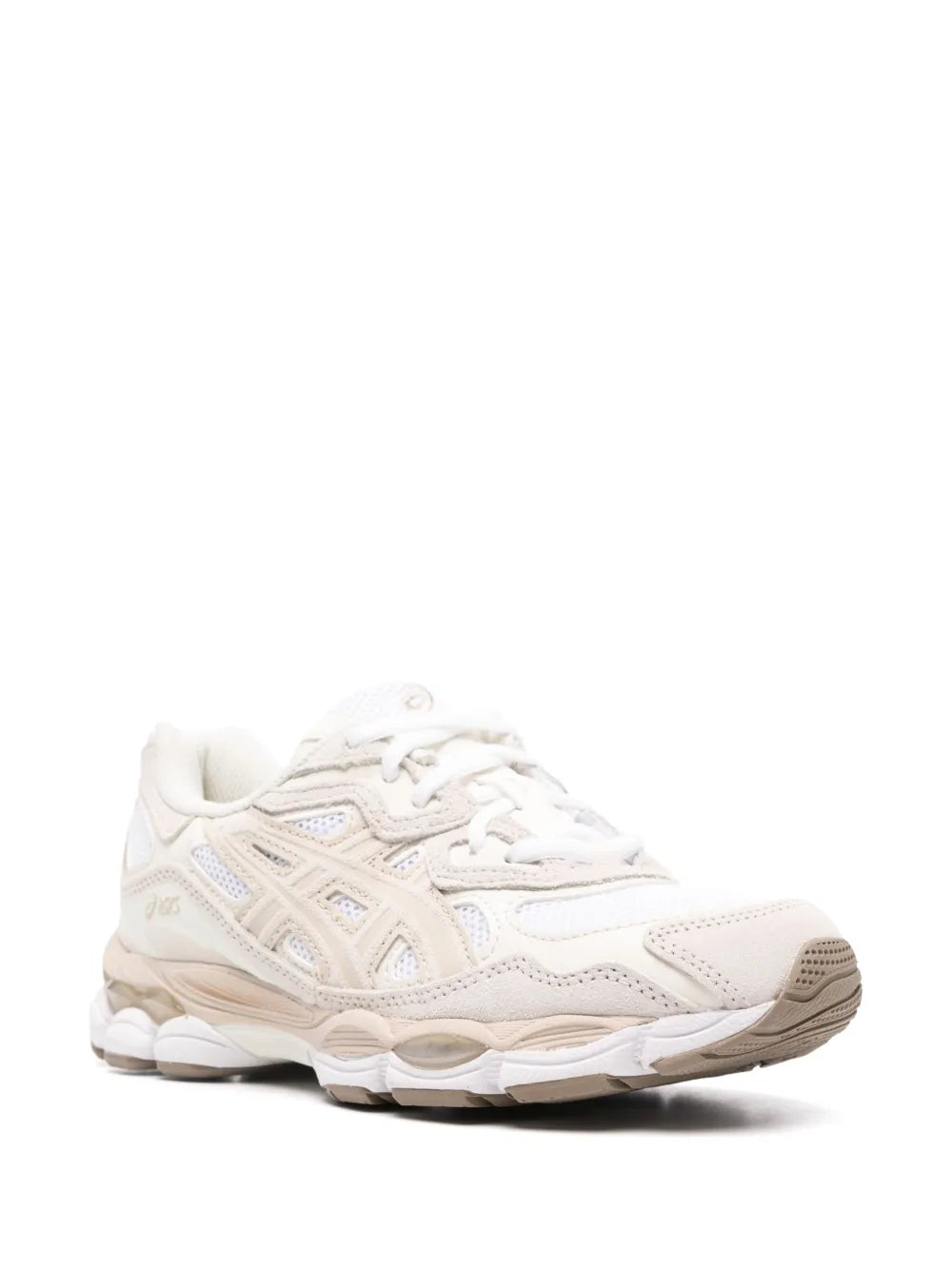 Beige ASICS lace-up running sneakers, front 3/4 view with chunky rubber outsole