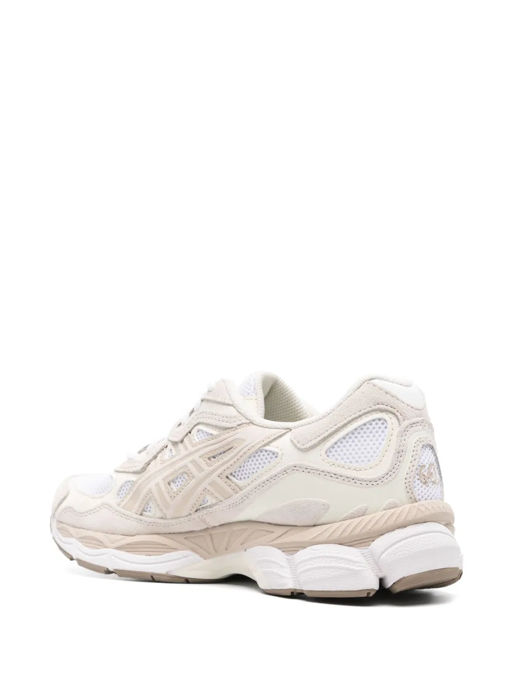 Beige and white ASICS running sneakers, rear side view, lace-up with cushioned sole