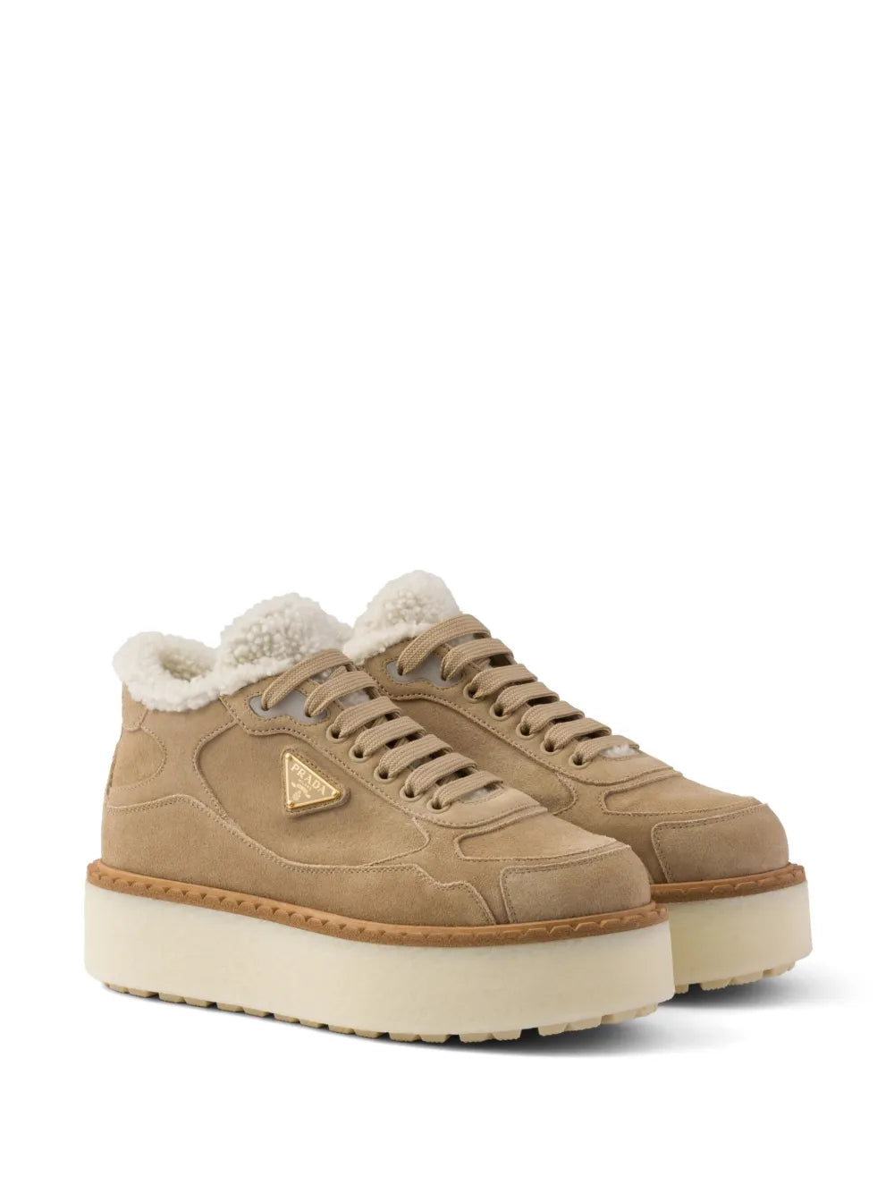 Shearling-collared suede sneakers, lace-up design with triangular logo patch and chunky sole