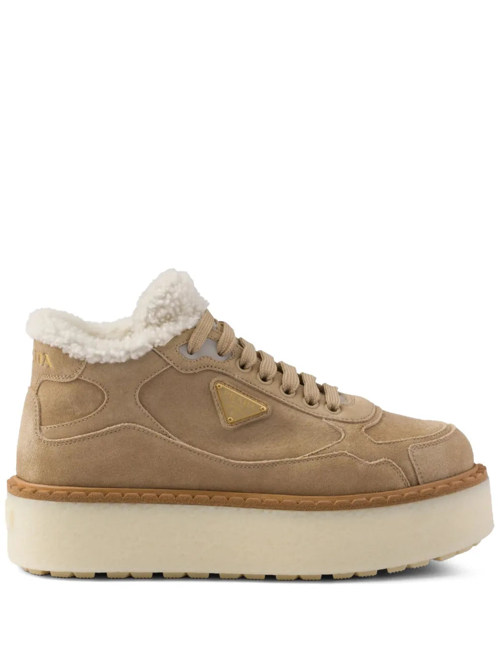 Suede mid-top sneakers with shearling collar, lace-up front, and light tan rubber sole
