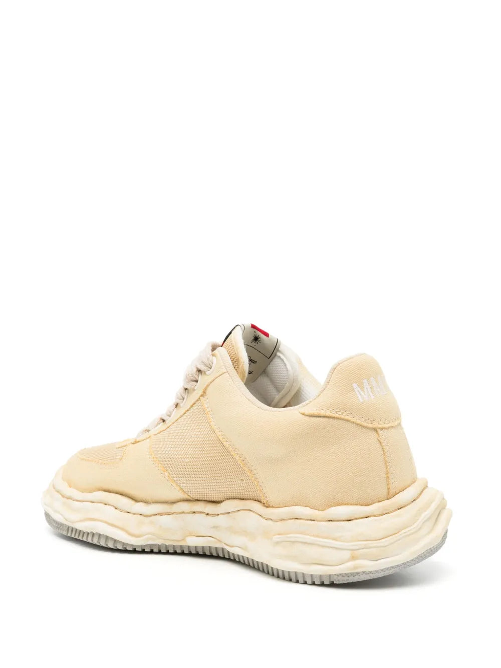 Maison MIHARA YASUHIRO Wayne beige low-top sneaker, heel and side view with branded tab