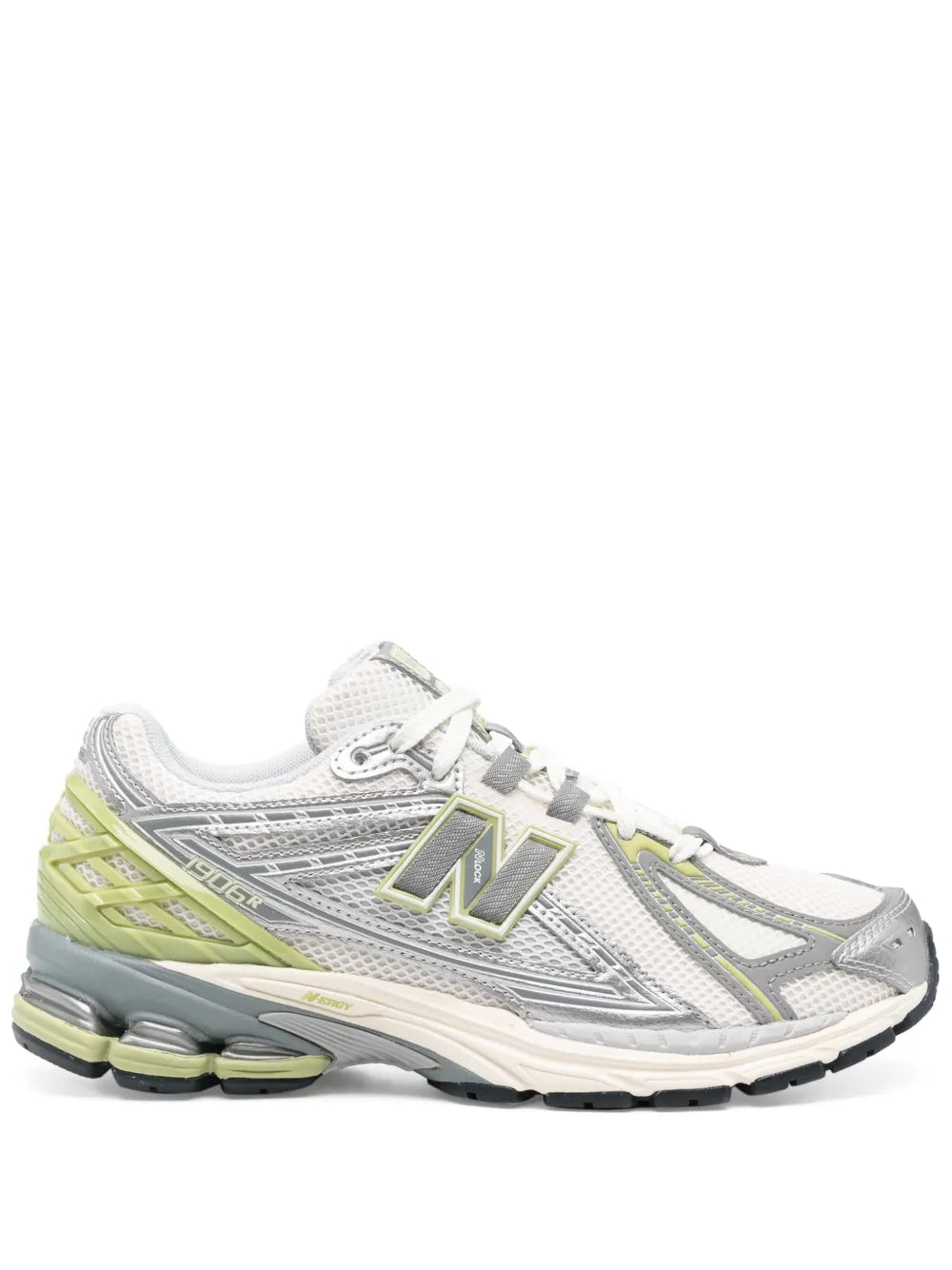 White and gray mesh running sneaker with neon green N logo and cushioned sole