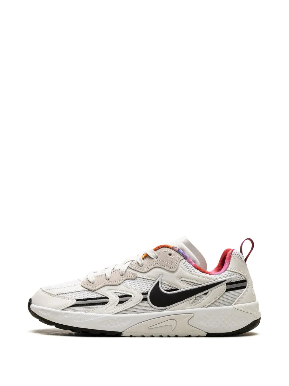 Nike white training sneaker front view with black swoosh and red-pink heel accents