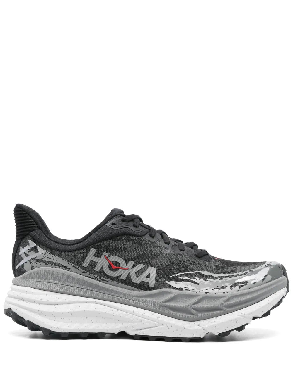 Hoka Stinson 7 sneakers in black/grey with camo print and white cushioned sole