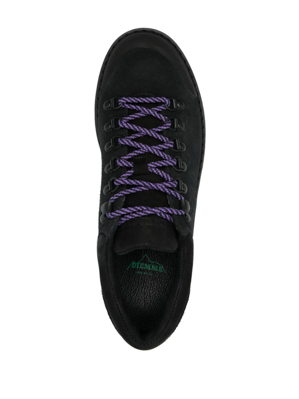 Black lace-up sneaker with purple laces and an inner logo label.