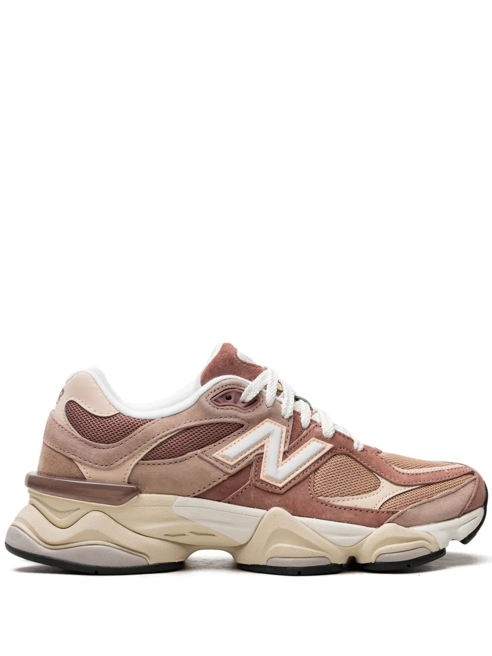 Beige and brown runner sneaker with white laces, N logo, and cream midsole