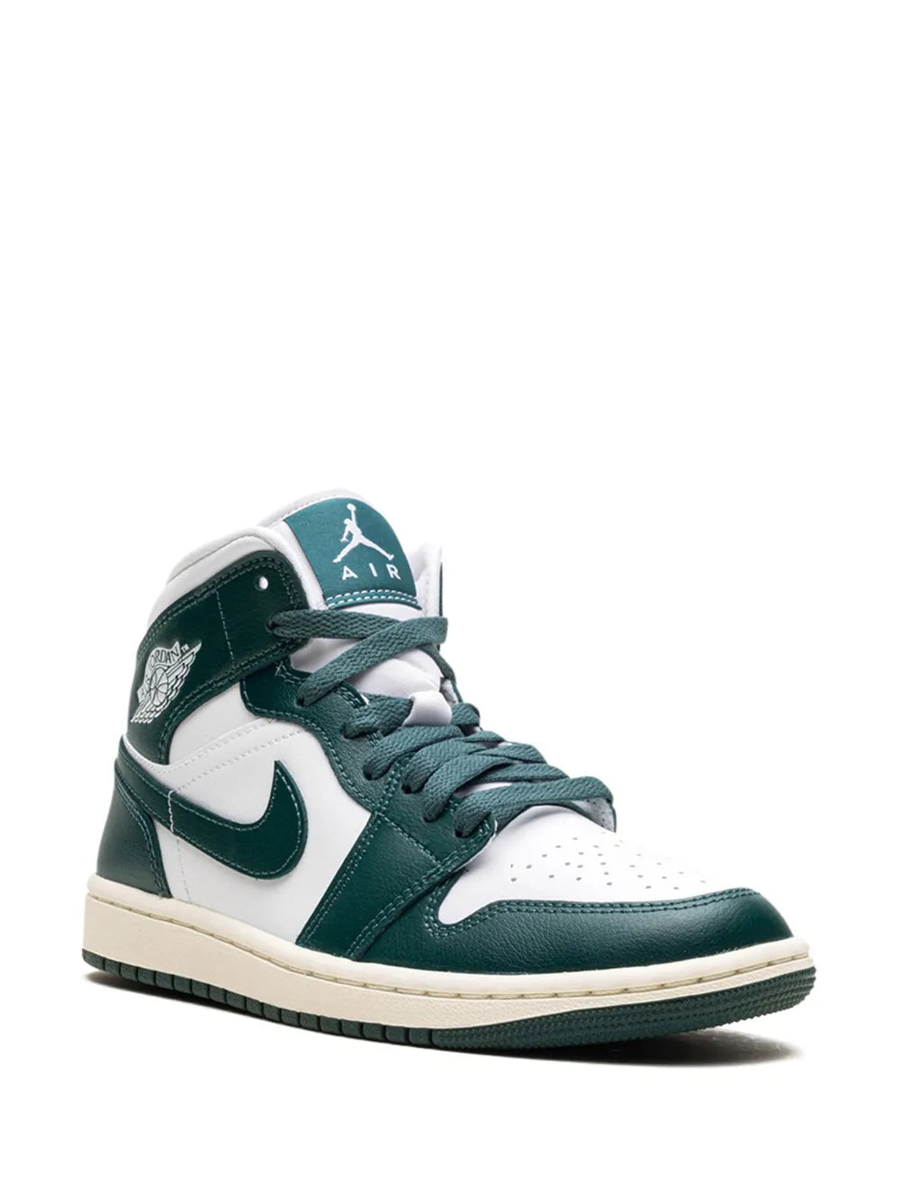 Mid-top Air Jordan 1 sneaker, white panels with dark green overlays and teal laces