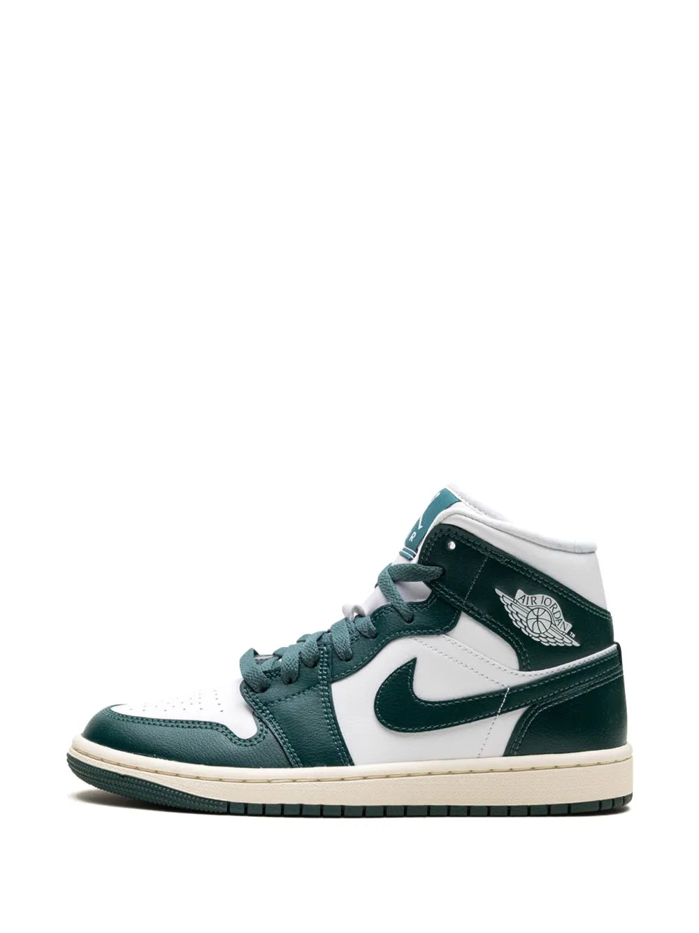 Air Jordan 1 mid-top sneaker profile, white and dark green upper with teal lace eyelets