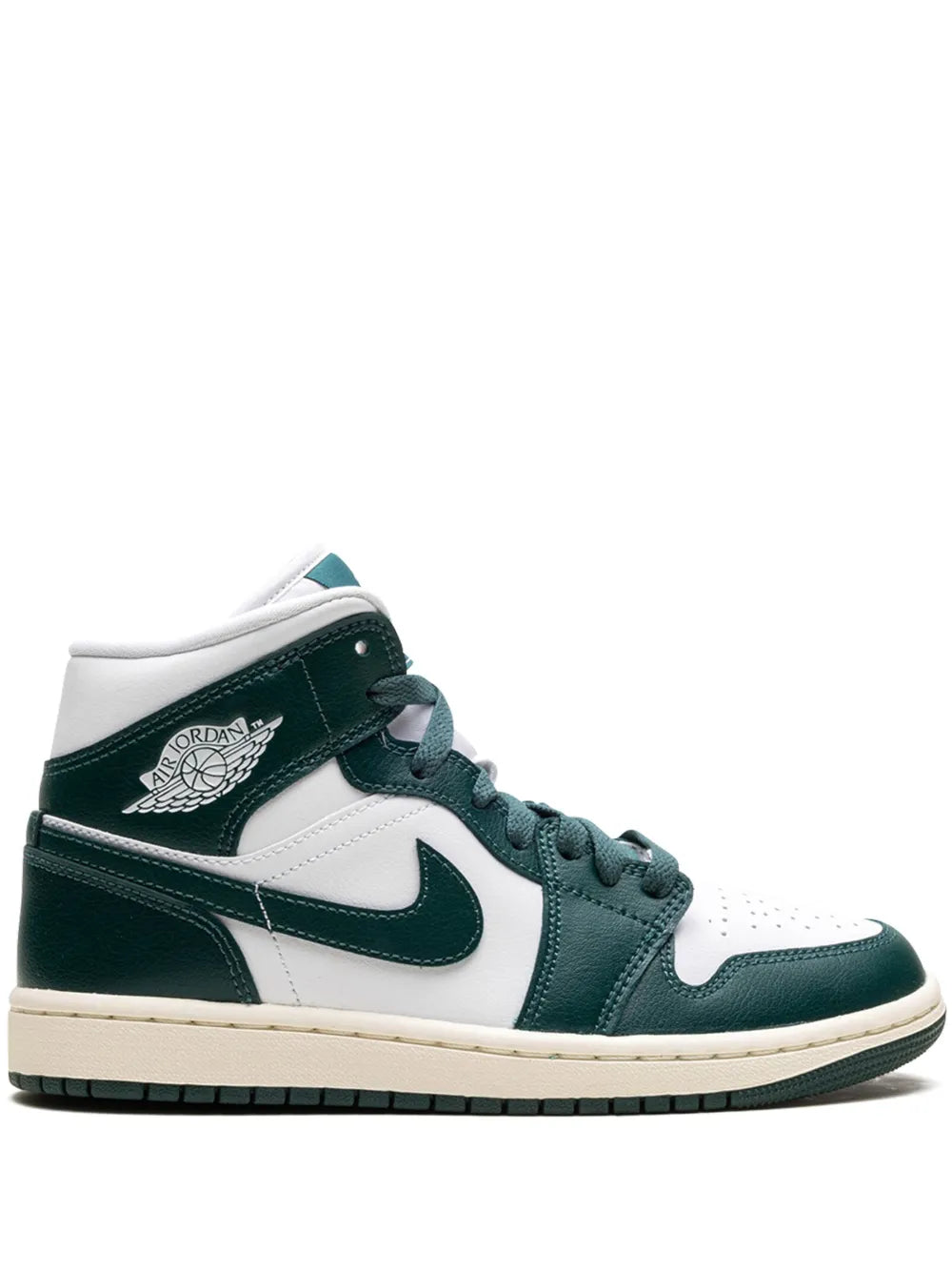 Mid-top Air Jordan 1 sneaker in white and dark green, with teal laces and white swoosh