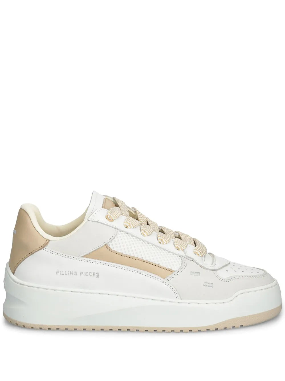 White leather trainers with perforated details, lace-up front, tan heel panel.