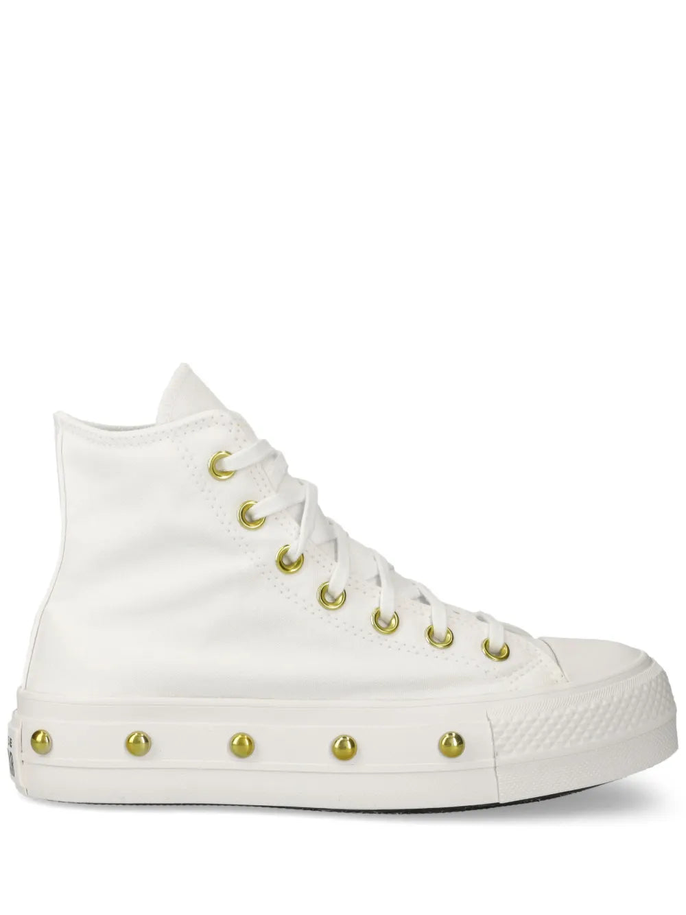 Converse white high-top sneaker with gold eyelets and studded side toe cap