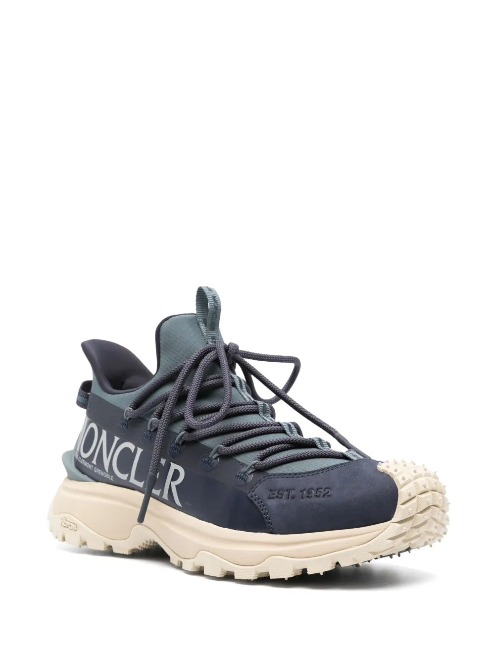 Moncler navy logo-print sneakers, side view with lace-up and cream sole
