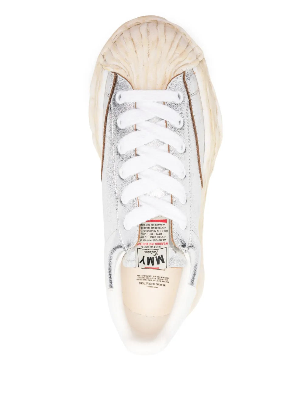 Silver-tone Blakey sneaker interior with white laces and size label on tongue