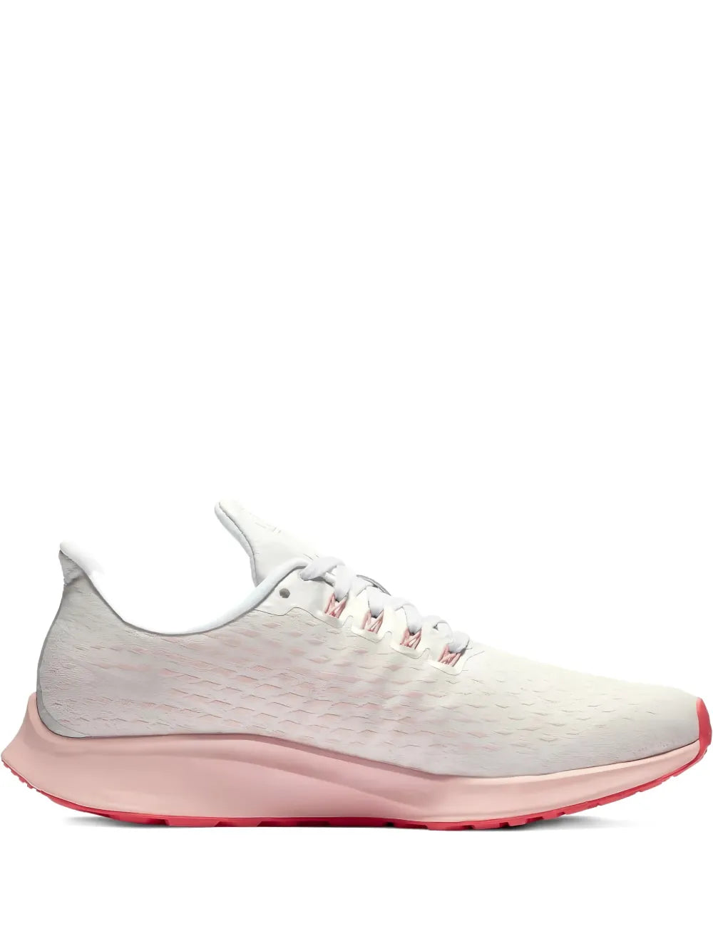 Nike Air Zoom Pegasus 35 PRM running shoe in light gray with pink accents and red sole