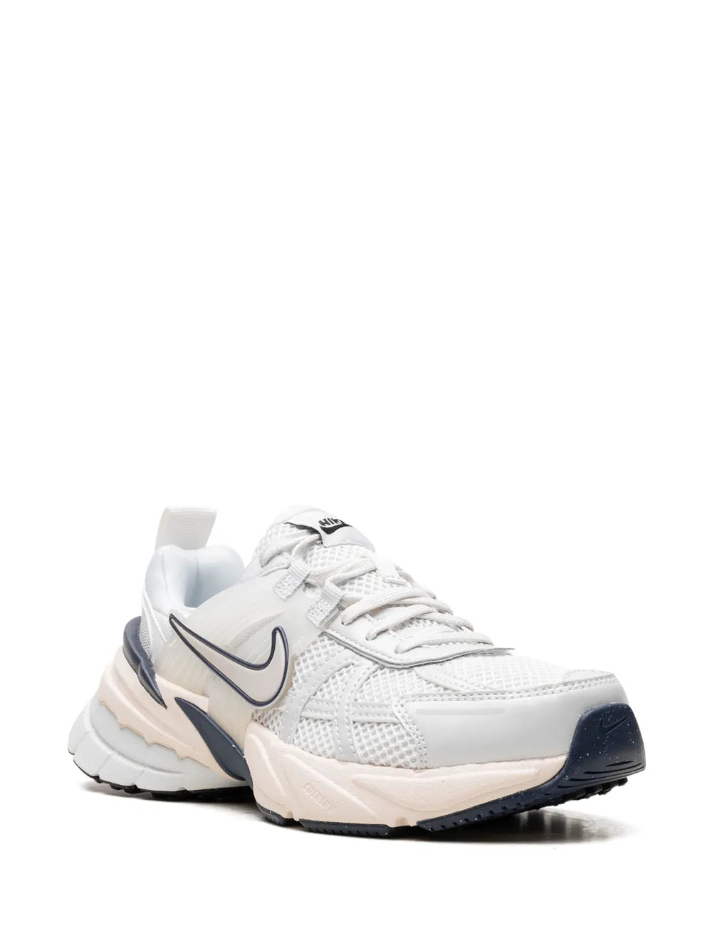 Nike V2K Run sneaker quarter view, white laces and navy heel panel, beige midsole
