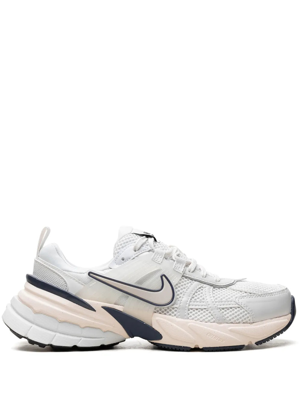Nike V2K Run sneaker: white mesh with navy swoosh, chunky beige outsole