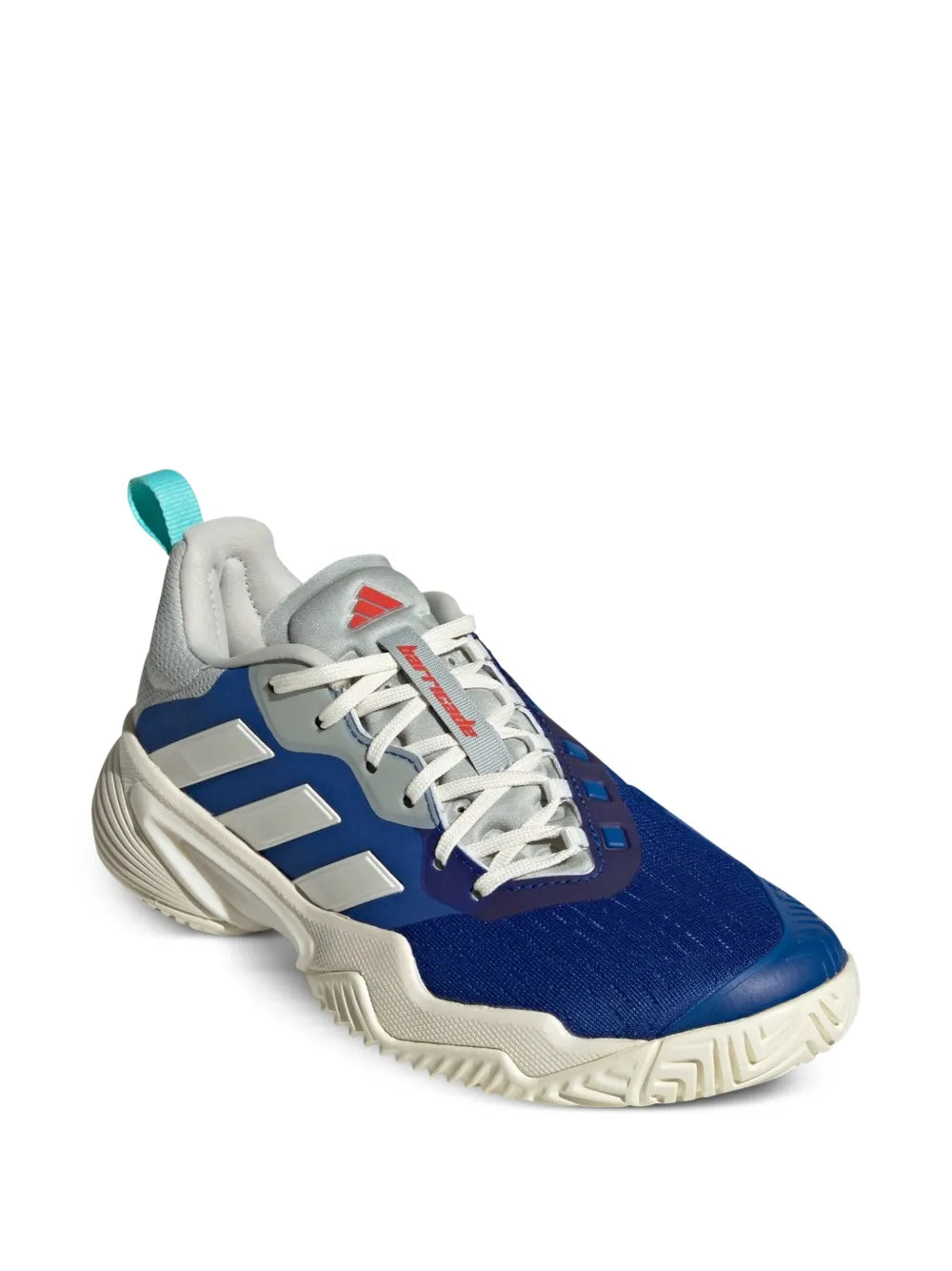 adidas Barricade blue lace-up tennis shoe with teal pull tab, white stripes, thick sole