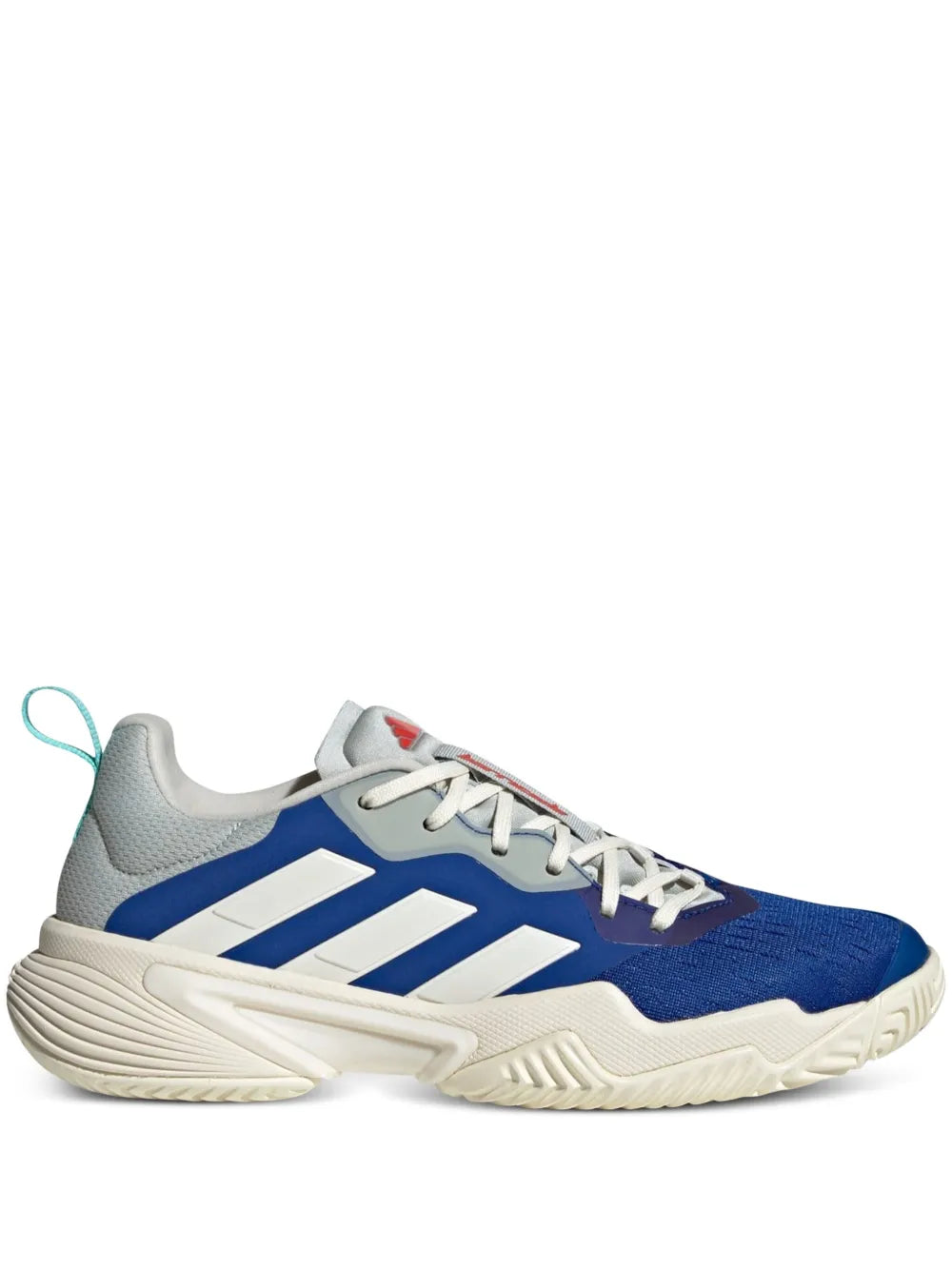adidas Barricade blue lace-up tennis shoe with white stripes and cushioned sole