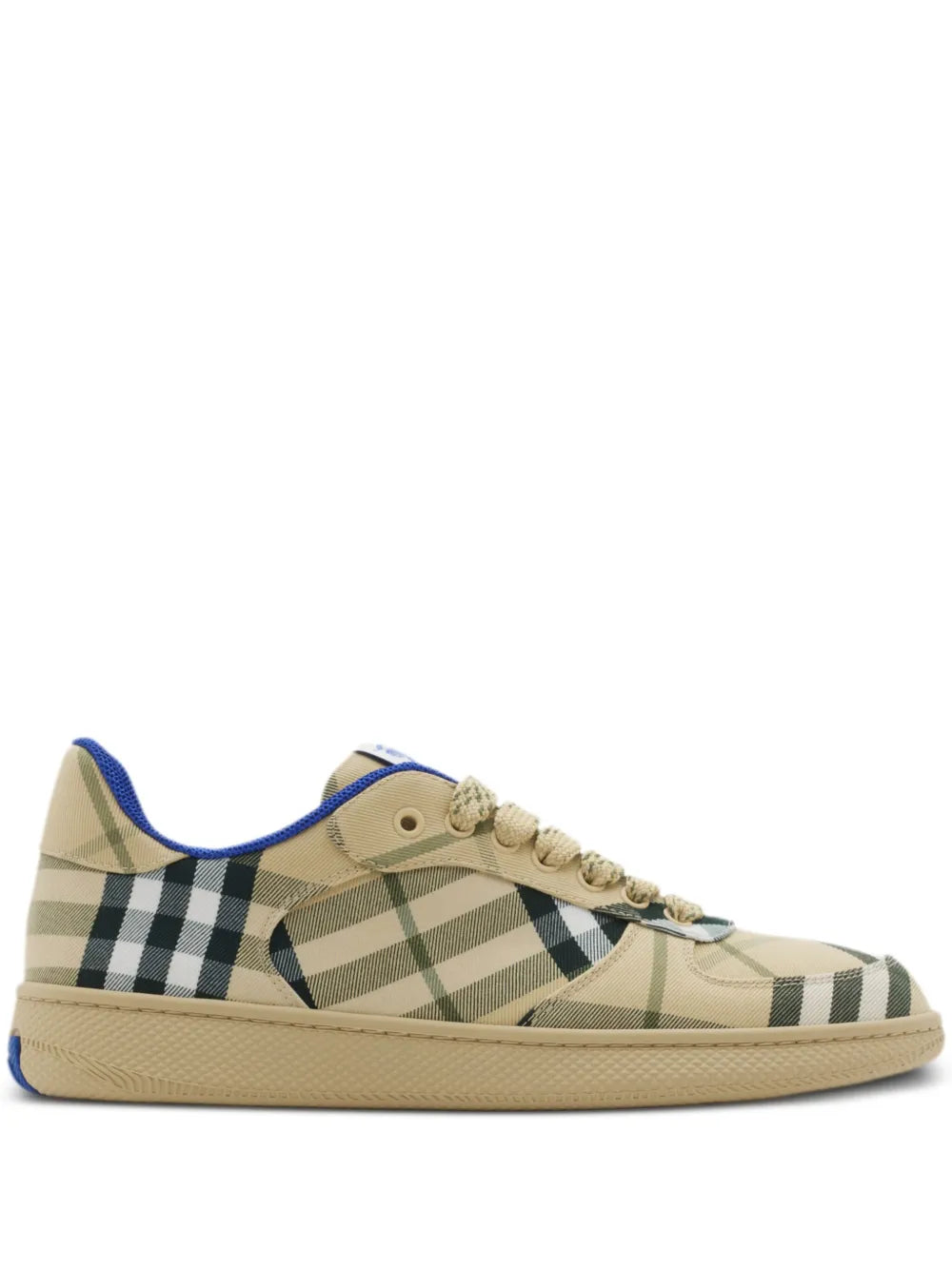 Beige lace-up low-top sneakers with green and black check plaid and blue trim
