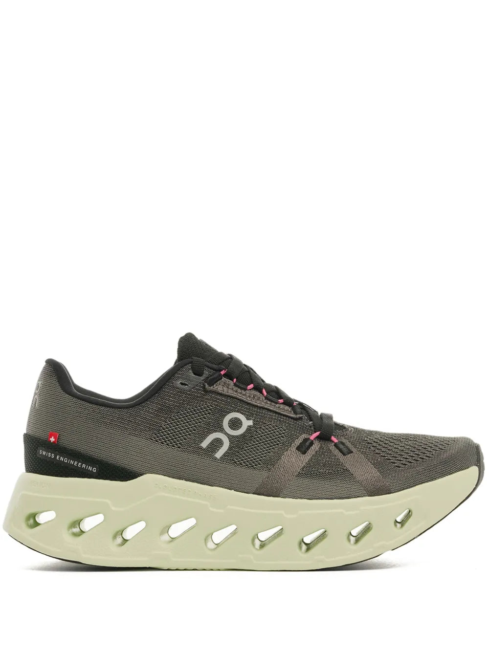 On Cloudeclipse running shoes in dark gray-green with light green cloud foam sole