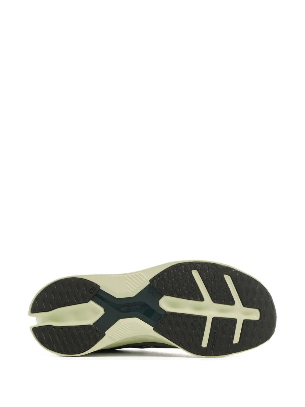 Outsole of dark gray running shoes with light green traction pods