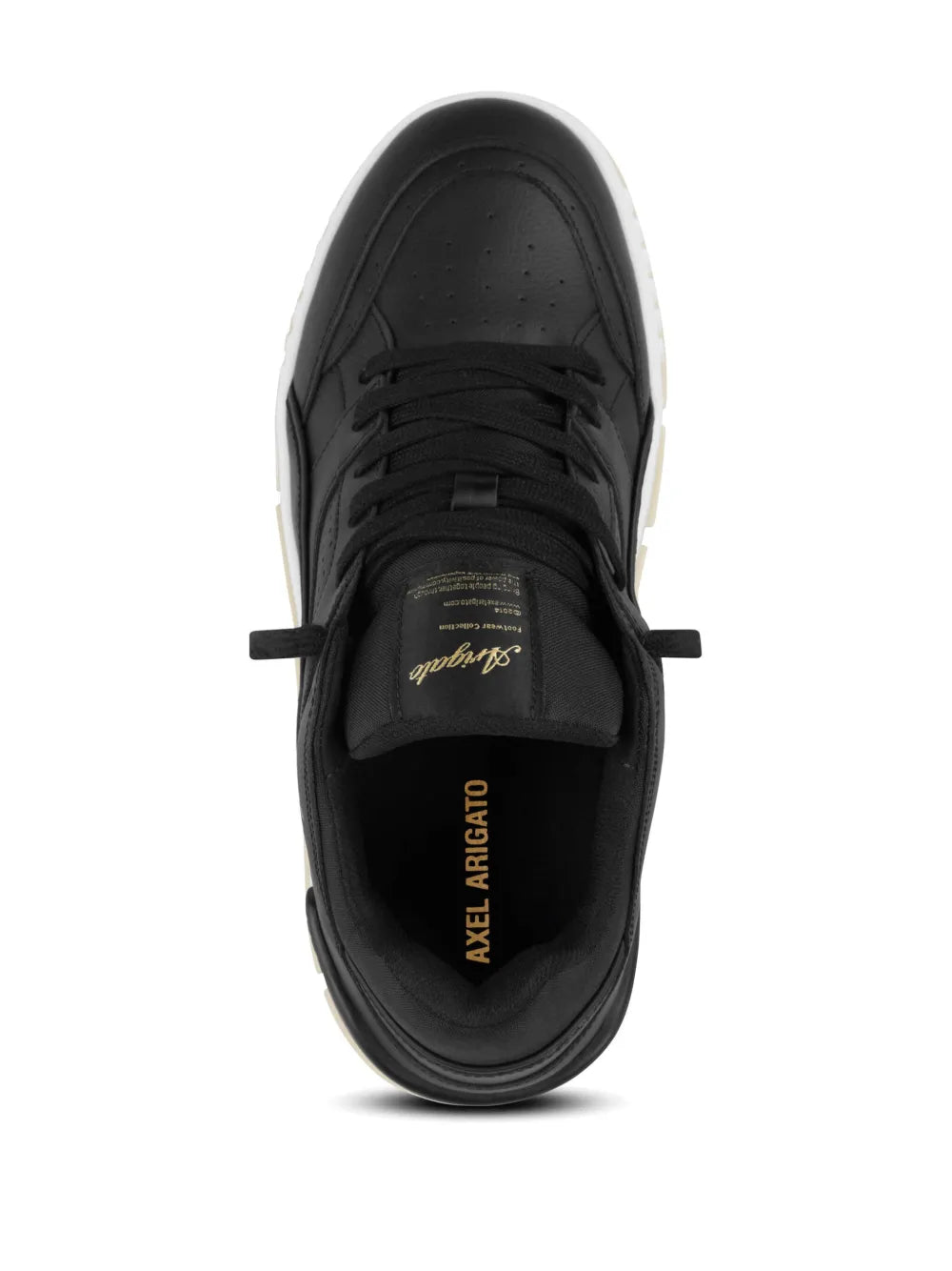 Black low-top sneakers viewed from toe, lace-up with gold inner logo