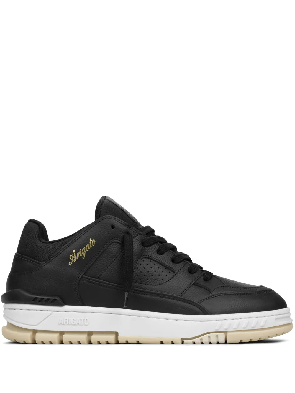 Black leather low-top sneakers with lace-up closure and gold logo on side