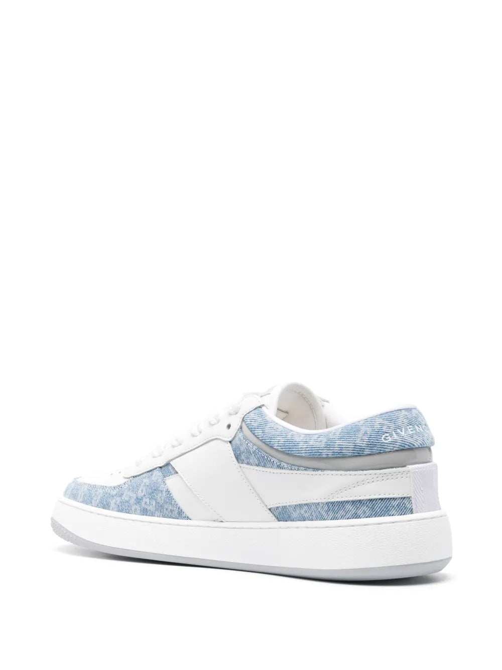 Low-top lace-up sneakers, white leather toe with light-blue denim stripe and heel tab