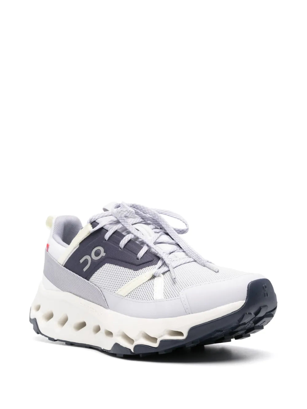 White and gray lace-up running shoe with black heel logo and chunky cloud pod sole
