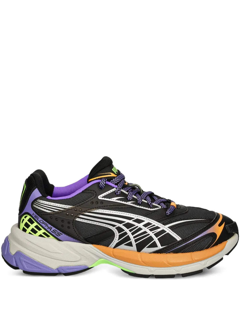 Black mesh running sneaker with white wave overlays, purple accents, orange heel and green logo