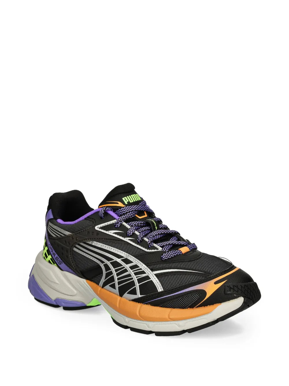 PUMA black running sneaker with purple laces, white grid overlays, orange swoosh and green details
