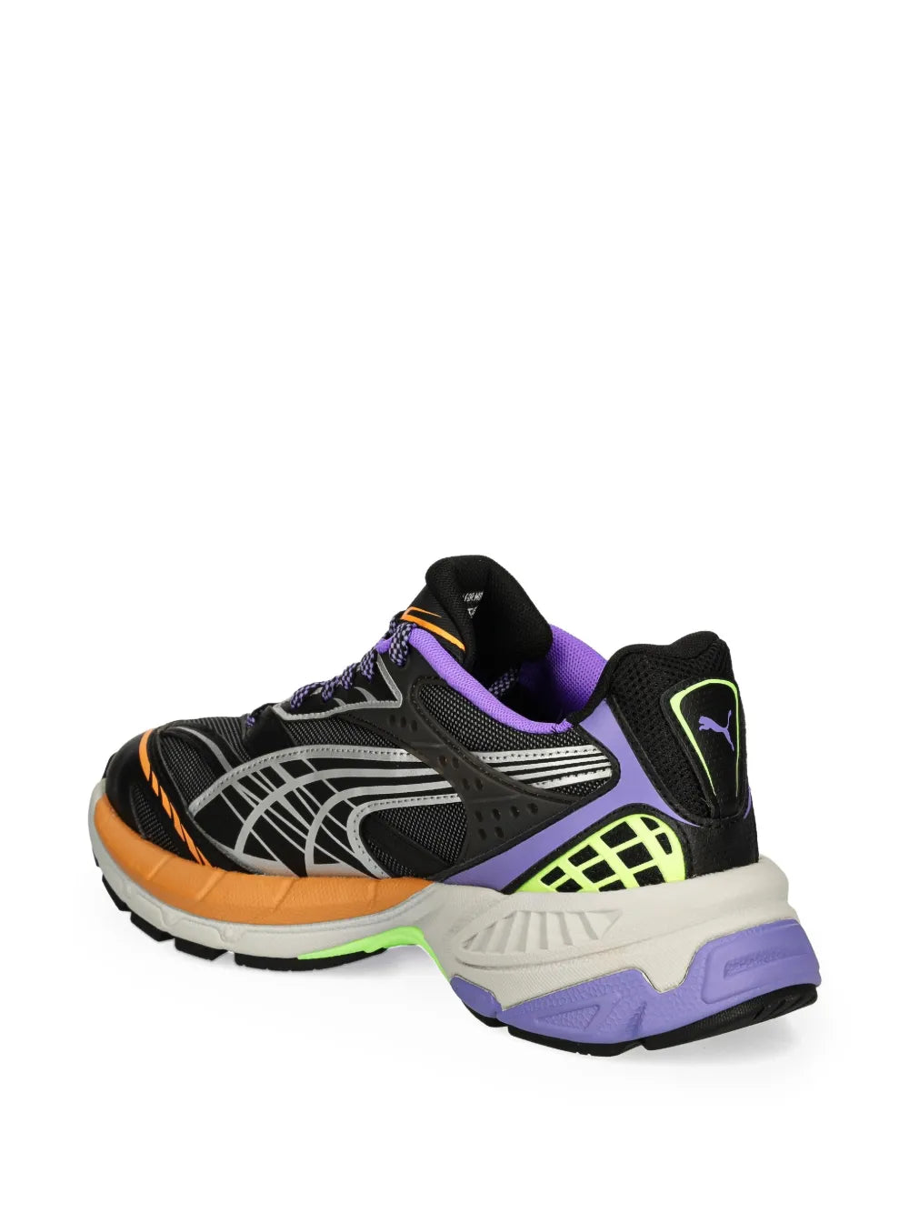 Black and neon running sneaker with white patterned overlays, purple heel, orange side trim