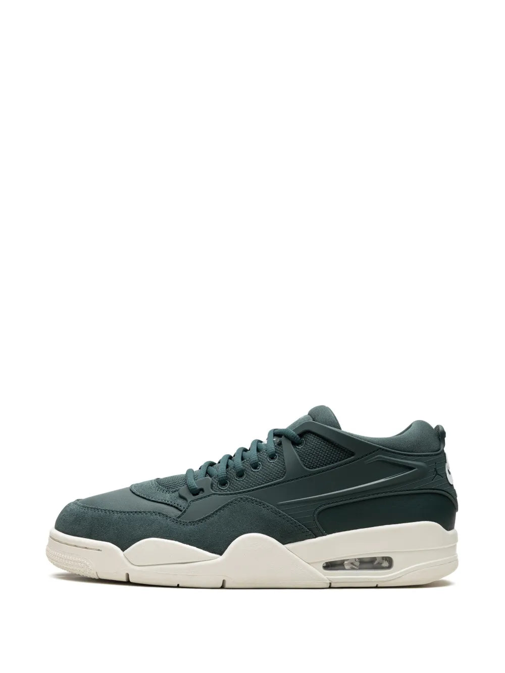 Air Jordan 4RM sneakers, dark green side profile with laces and white Air sole