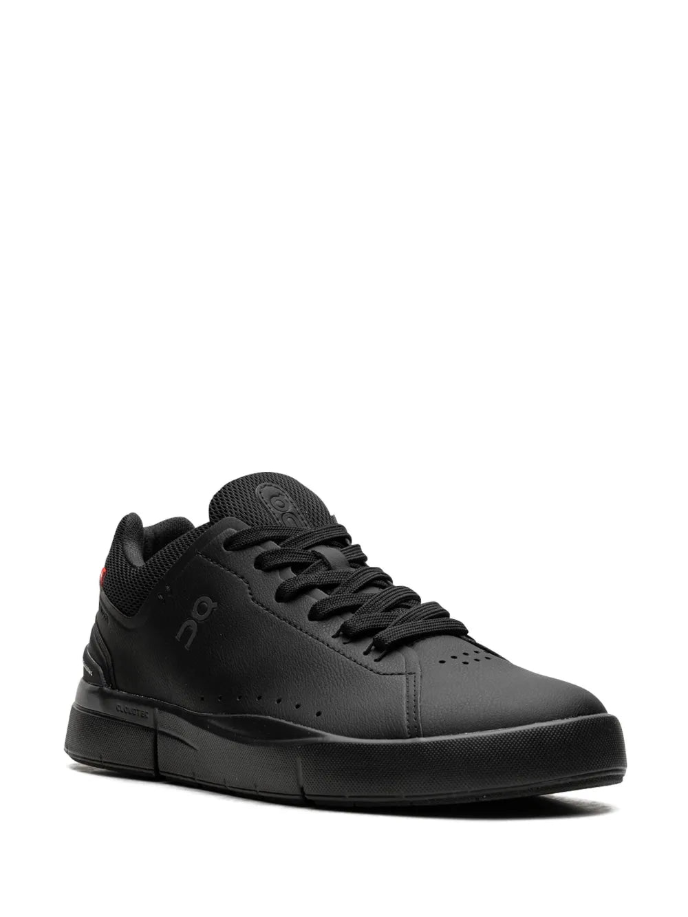 Black low-top lace-up sneaker, side view with perforated toe and molded logo