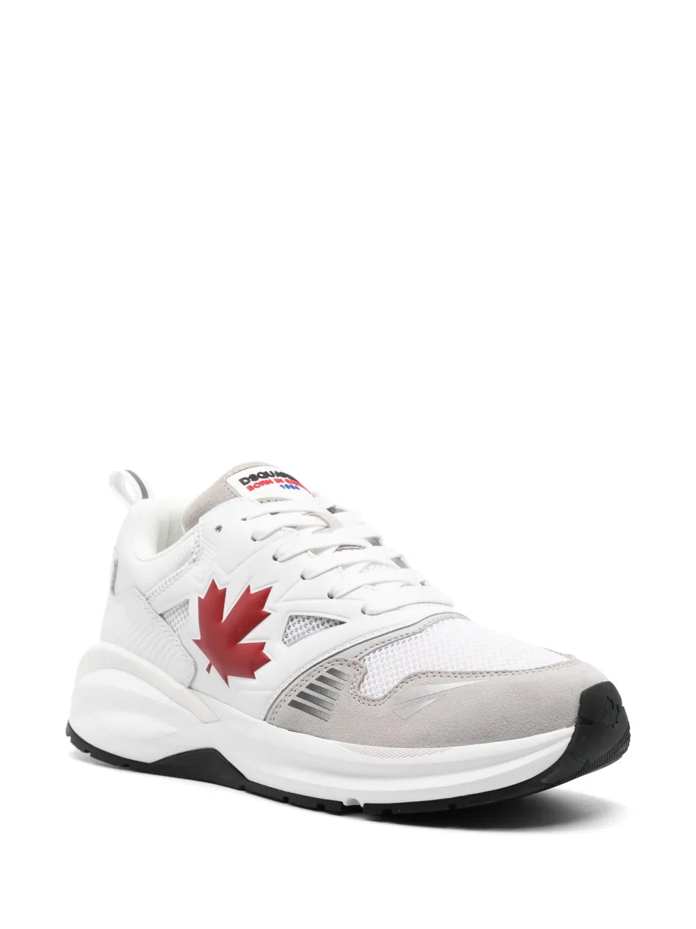 White lace-up sneakers with red maple leaf graphic, mesh side panels, black sole
